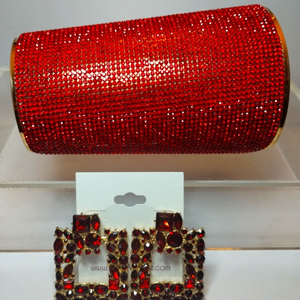 *BRAND NEW* Rhinestone Glitter Wrist Cuff w/ Match Red Open Hollow Earrings